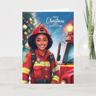 First Responder Black Female Firefighter Christmas Holiday Card