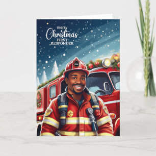 First Responder Black Male Firefighter Christmas Holiday Card