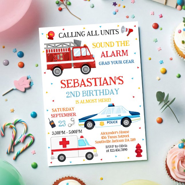 First Responders Emergency Vehicles Birthday Invitation (Creator Uploaded)