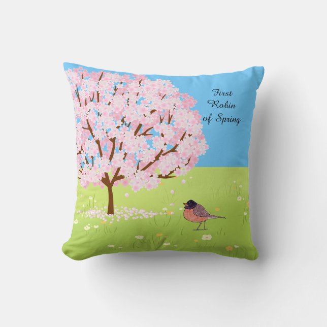First Robin of Spring  Cushion (Front)