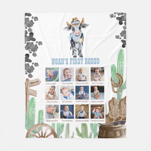 First Rodeo 1st Birthday 12 Month Photo Collage Fleece Blanket (Front)