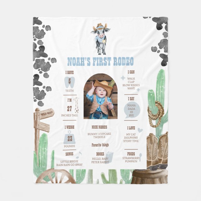 First Rodeo 1st Birthday Baby Cow Milestone Sign  Fleece Blanket (Front)