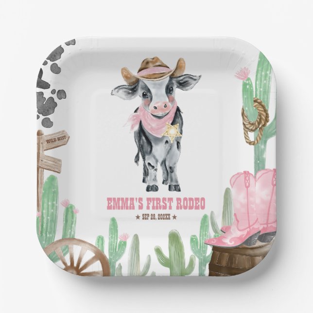 First Rodeo 1st Birthday Baby Cow Paper Plate (Front)