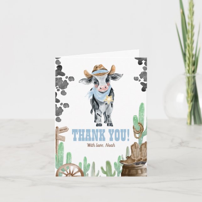 First Rodeo 1st Birthday Baby Cow Thank You Card (Front)