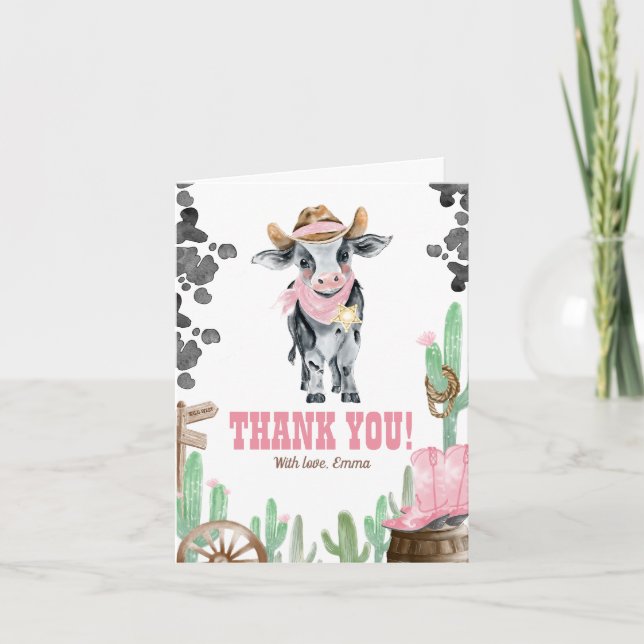 First Rodeo 1st Birthday Baby Cow Thank You Card (Front)