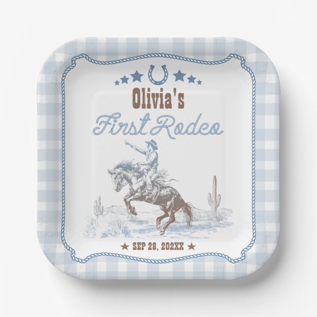 First Rodeo 1st Birthday Blue Western Paper Plate (Front)