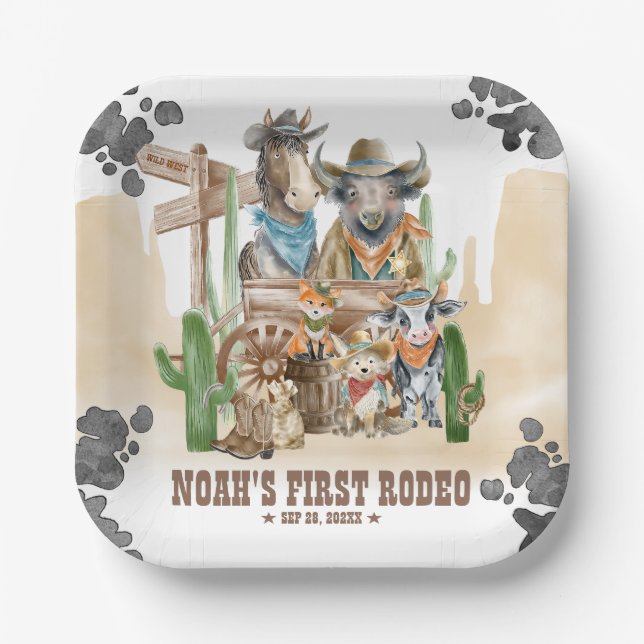 First Rodeo 1st Birthday Cute Animals Wild West Paper Plate (Front)