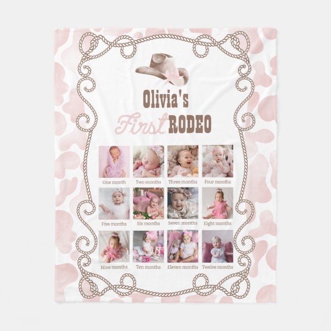First Rodeo 1st Birthday Dusty Pink Photo Sign Fleece Blanket (Front)