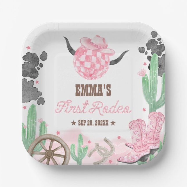 First Rodeo 1st Birthday Pink Boho Wild West Paper Plate (Front)