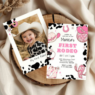 First rodeo 1st birthday pink girl photo birthday invitation
