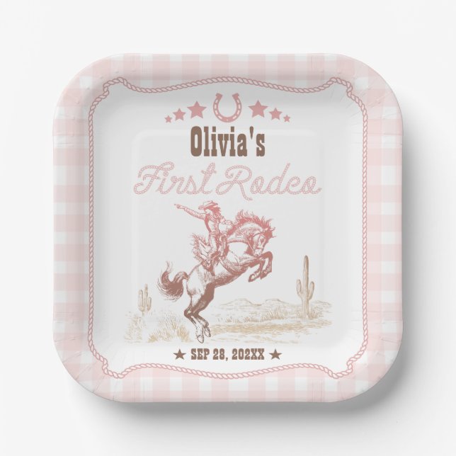 First Rodeo 1st Birthday Pink Western Paper Plate (Front)