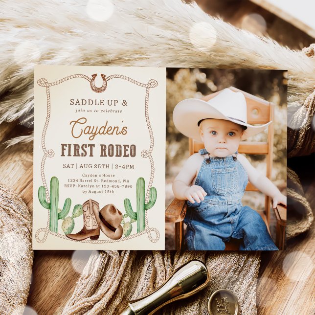 First Rodeo 1st Birthday Western Cowboy Photo Invitation (Creator Uploaded)