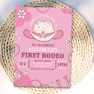 First Rodeo Birthday Girl Pink and white Invitation