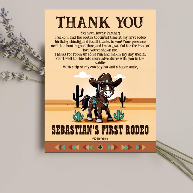 First rodeo birthday party thank you card (First rodeo birthday party thank you cards cute cowboy horse wild west themed birthday thank you)