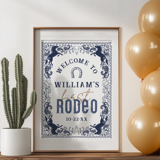 First Rodeo Birthday Party Welcome Sign – Navy Blu (Western Birthday Party Welcome Sign)