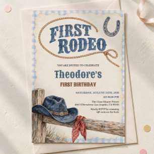 First Rodeo Blue Gingham Cowboy First Birthday Invitation