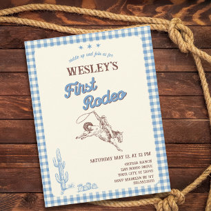 First Rodeo Blue Plaid 1st Birthday Invitation Postcard