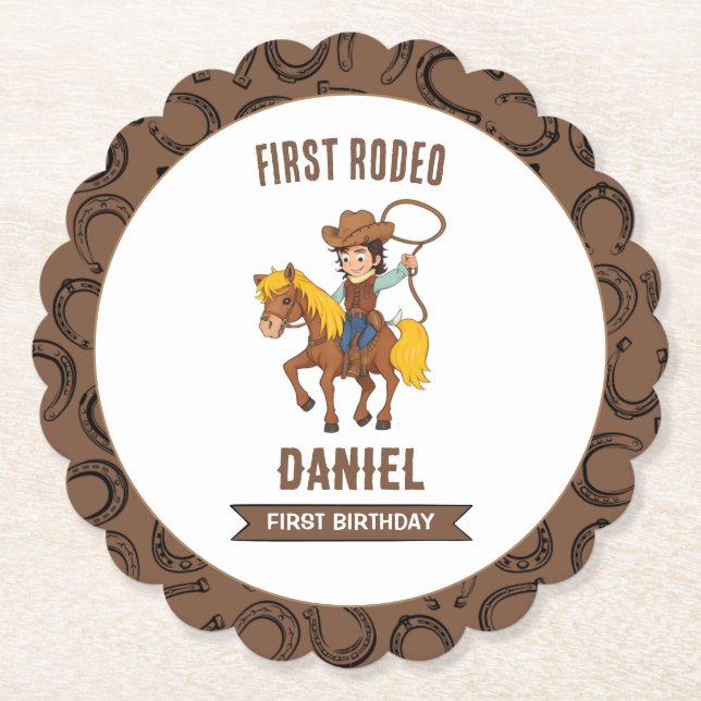 First Rodeo Cowboy 1st Birthday Paper Coaster (Front)