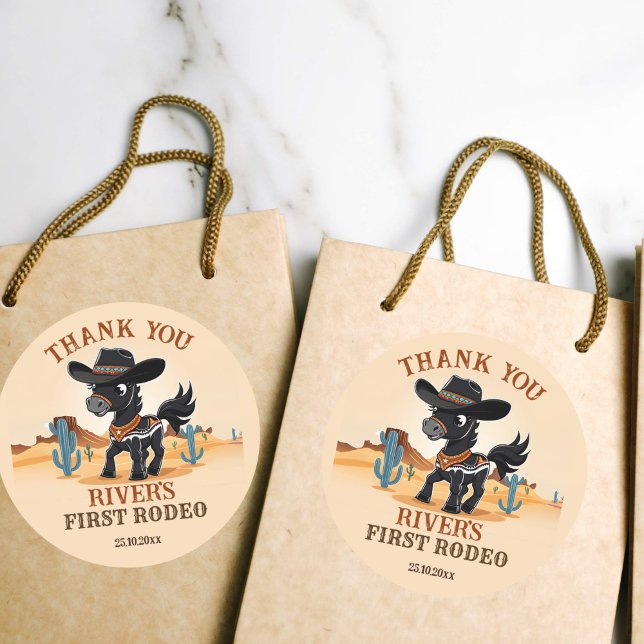 First Rodeo cowboy baby horse birthday party favou Classic Round Sticker (First rodeo birthday party thank you favor stickers cute cowboy horse stickers favor gift stickers)