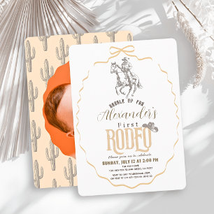 First Rodeo Cowboy Beige Bow Photo 1st Birthday Invitation