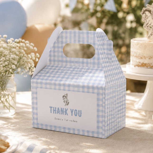 First Rodeo Cowboy Birthday Blue Gingham Preppy  Favour Box (Creator Uploaded)