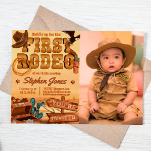 First Rodeo - Cowboy Birthday with Picture Invitation