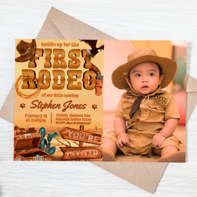 First Rodeo - Cowboy Birthday with Picture Invitation (First Rodeo -  Boy 1st Birthday Cowboy Landscape Invitation with Picture)
