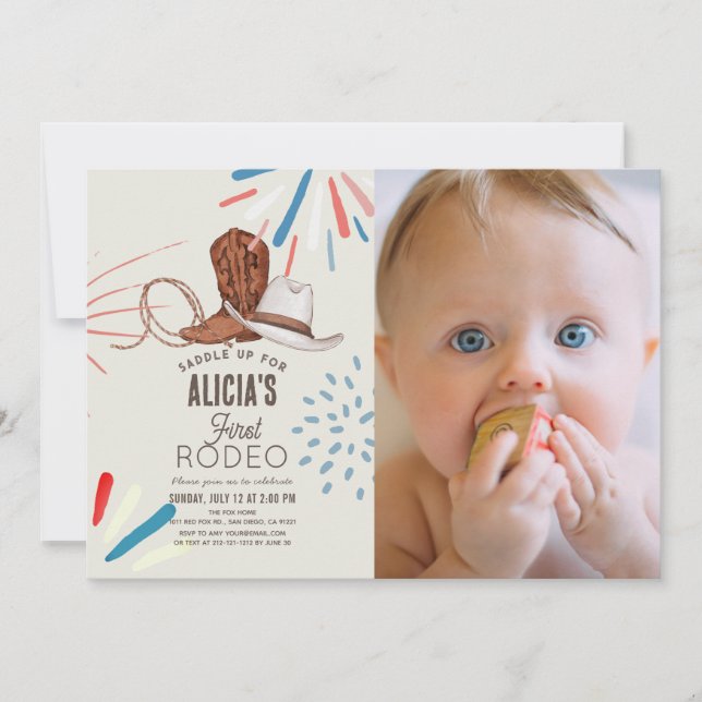 First Rodeo Cowboy Cowgirl 1st Birthday Photo Invitation (Front)