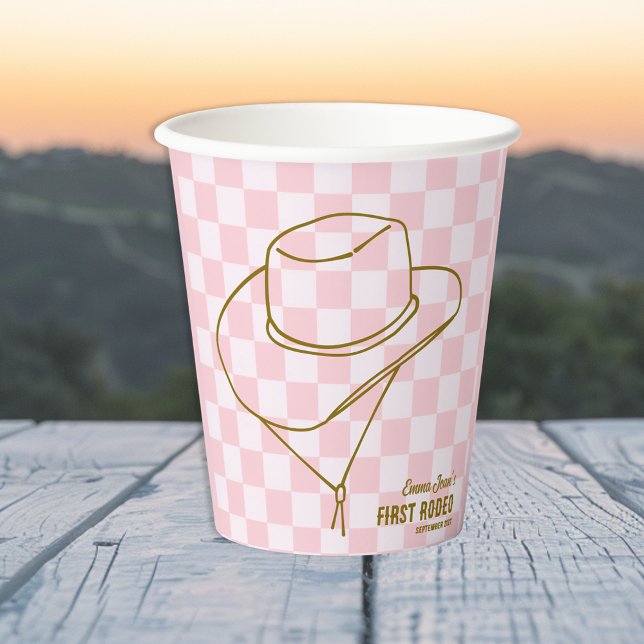 First Rodeo Cowboy Hat Pink Checkered 1st Birthday Paper Cups (First Rodeo Cowboy Hat Pink Checkered 1st Birthday Paper Cups)