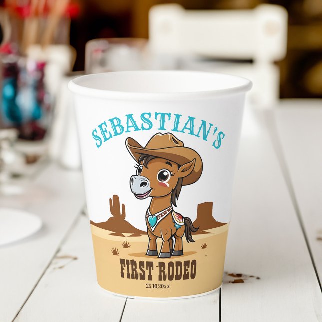 First Rodeo cowboy horse birthday party tableware Paper Cups (First Rodeo cute cowboy horse birthday party tableware personalized Paper Cups)