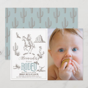 First Rodeo Cowboy Western Blue 1st Birthday Photo Invitation