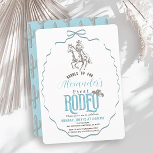 First Rodeo Cowboy Western Blue Bow 1st Birthday Invitation