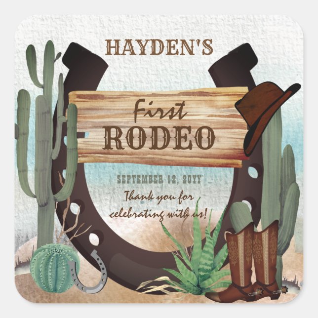 First Rodeo Cowboy Western Boy 1st Birthday Party Square Sticker (Front)