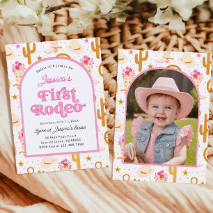 First Rodeo Cowgirl Photo Pink 1st Birthday Party Invitation