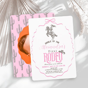 First Rodeo Cowgirl Pink Bow Photo 1st Birthday Invitation