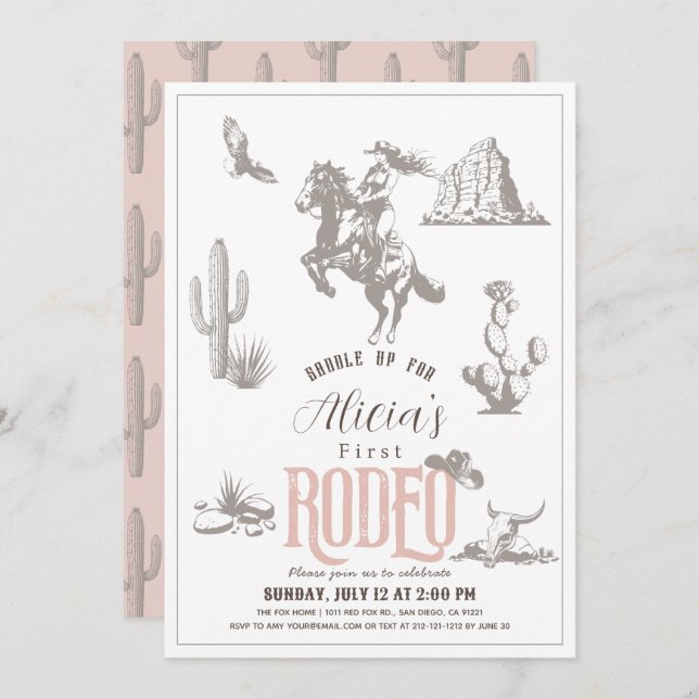 First Rodeo Cowgirl Western Pink 1st Birthday Invitation (Front/Back)