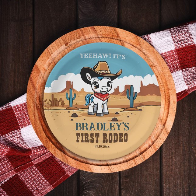 First Rodeo cute cowboy baby horse birthday party Paper Plate (First rodeo birthday party tableware cowboys western themed birthday personalized plates cute horse)
