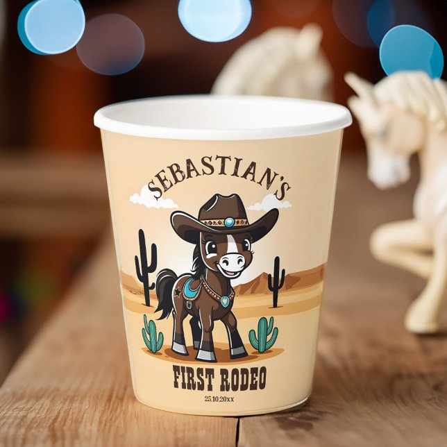 First Rodeo cute cowboy horse birthday party Paper Cups (First Rodeo cute cowboy horse birthday party Paper Cups personalized rodeo party tableware)