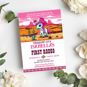 First Rodeo cute cowgirl baby horse birthday party Invitation