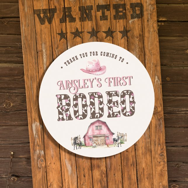 First Rodeo Cute Pink Personalised 1st Birthday Classic Round Sticker (Creator Uploaded)