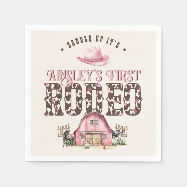First Rodeo Cute Pink Personalised 1st Birthday Napkin (Front)