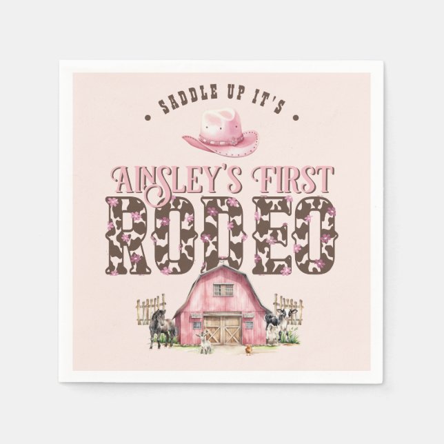 First Rodeo Cute Pink Personalised 1st Birthday Napkin (Front)