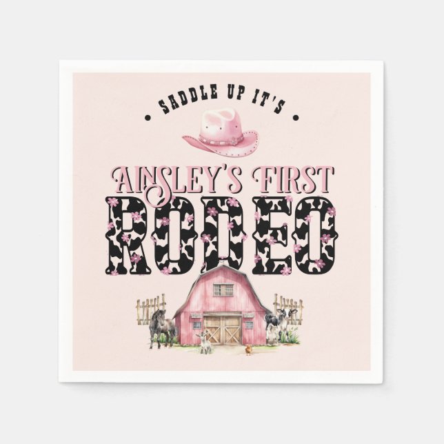 First Rodeo Cute Pink Personalised 1st Birthday Napkin (Front)