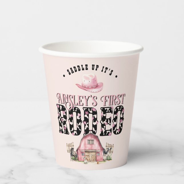 First Rodeo Cute Pink Personalised 1st Birthday Paper Cups (Front)