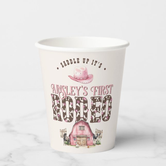 First Rodeo Cute Pink Personalised 1st Birthday Paper Cups (Front)