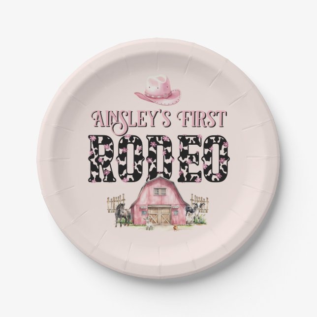 First Rodeo Cute Pink Personalised 1st Birthday Paper Plate (Front)
