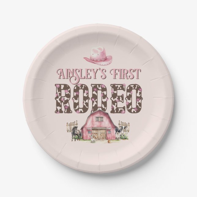 First Rodeo Cute Pink Personalised 1st Birthday Paper Plate (Front)