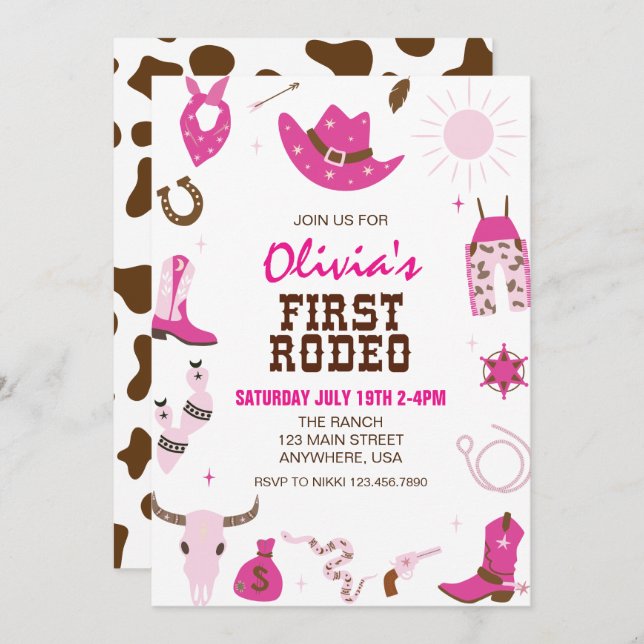 First Rodeo Hot Pink Western 1st Birthday Invitation (Front/Back)