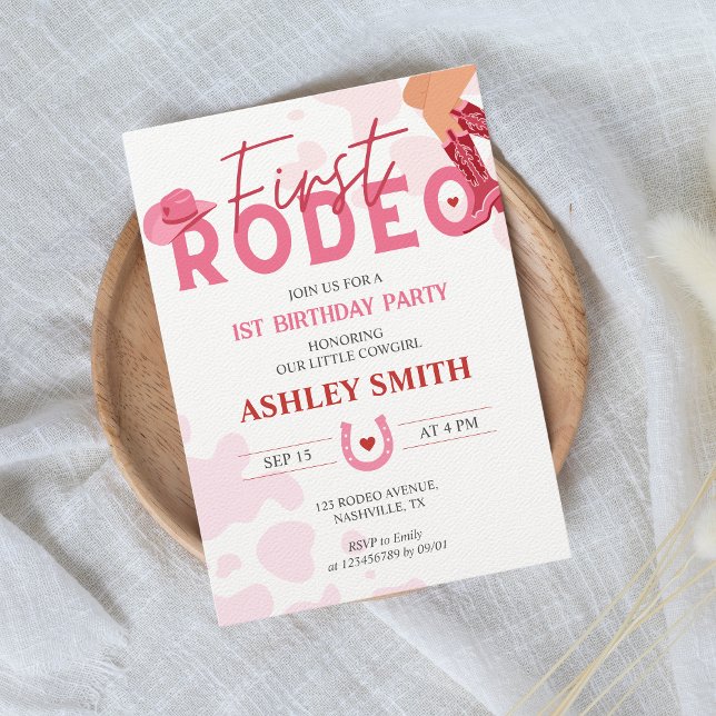 First Rodeo Little Cowgirl 1st Birthday Pink Red Invitation (First rodeo - 1st birthday party invitation for girls, pink, red, cowgirl)