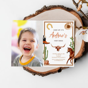 First Rodeo Modern Southern Cowboy Photo Birthday Invitation